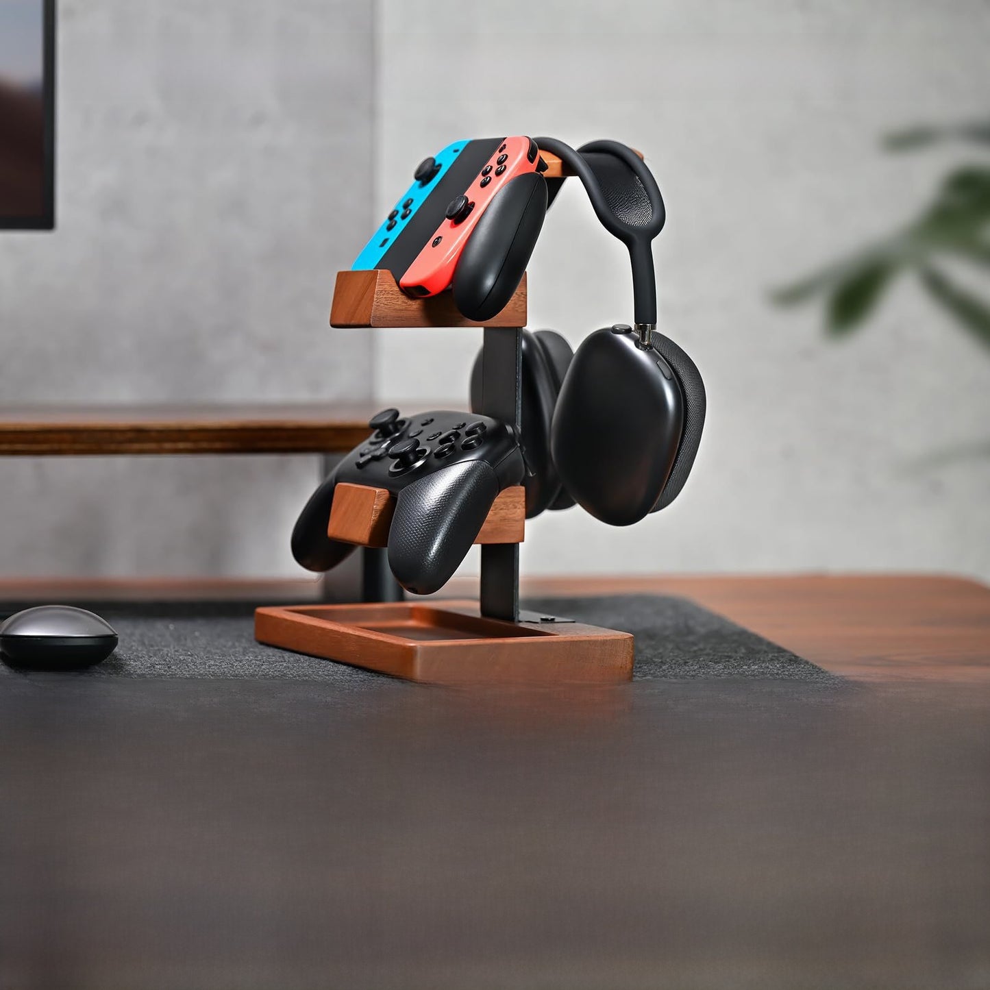 Support casque bureau en bois massif — Organisateur 3 niveaux, casque audio, manettes & accessoires