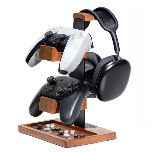 Support casque bureau en bois massif — Organisateur 3 niveaux, casque audio, manettes & accessoires