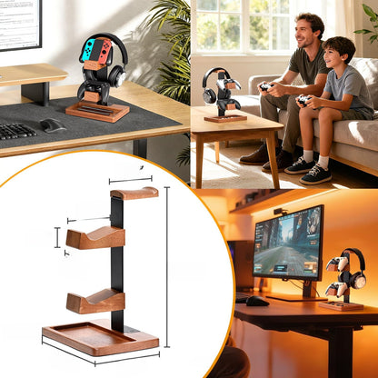 Support casque bureau en bois massif — Organisateur 3 niveaux, casque audio, manettes & accessoires
