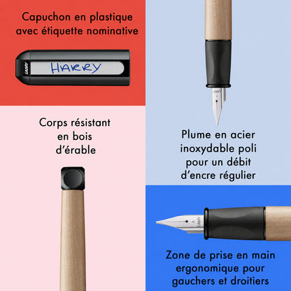 Stylo plume enfant Lamy abc black — corps en bois d'érable naturel