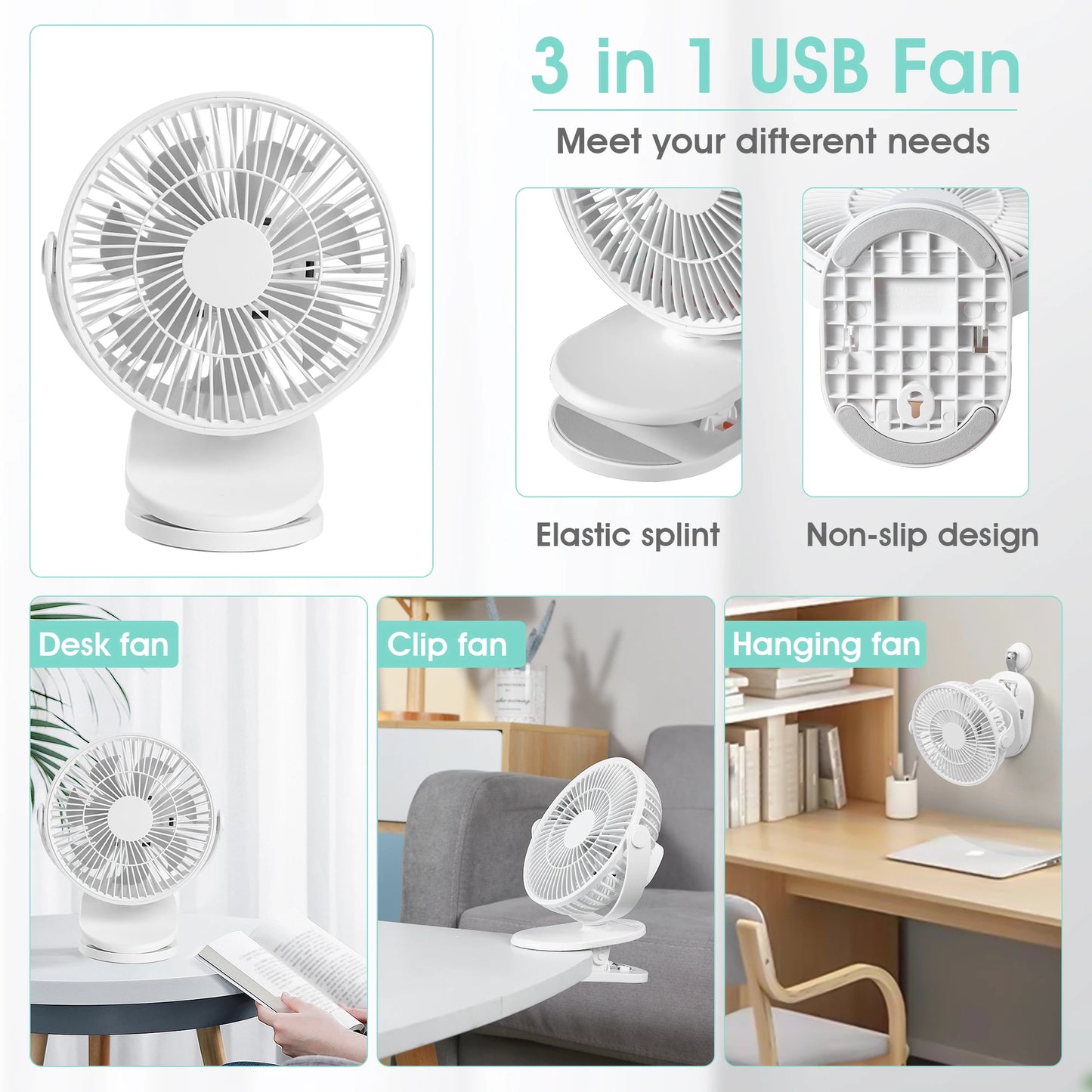 Rechargeable 360° USB Desk Fan – Clip-On & Stand Fan Combo
