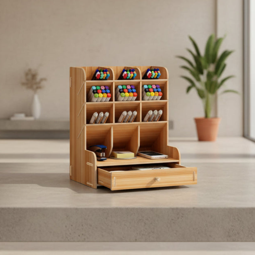 Porte-stylos en bois — Organiseur de bureau multi-compartiments