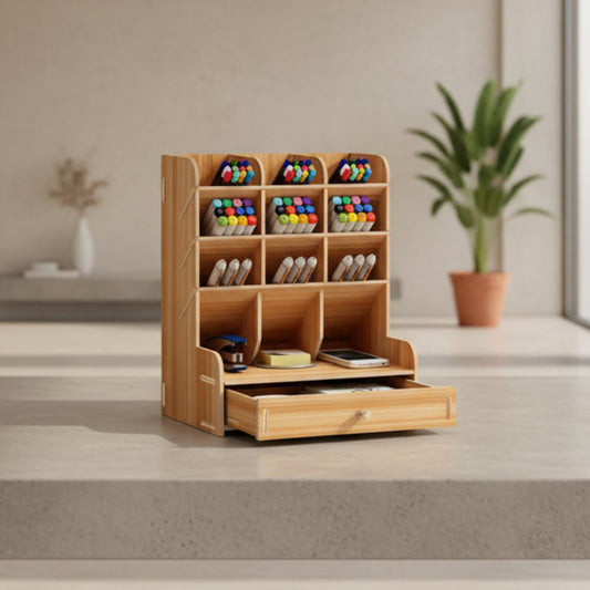 Porte-stylos en bois — Organiseur de bureau multi-compartiments