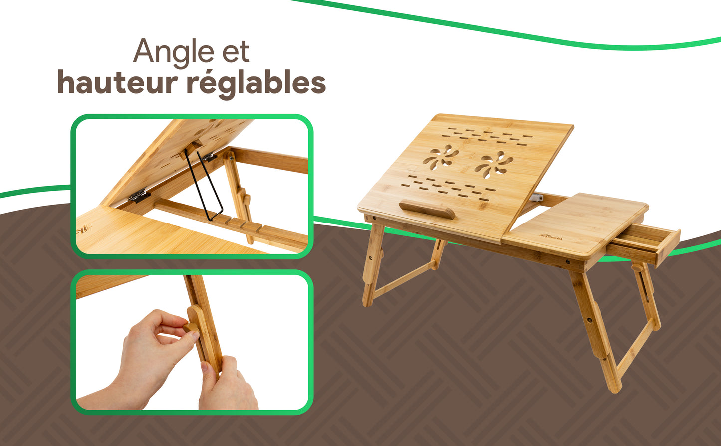 Table de lit pour PC en bambou - Ajustable et aérée