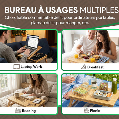 Table de Lit Bambou Pliable — Support Ordinateur Portable Réglable