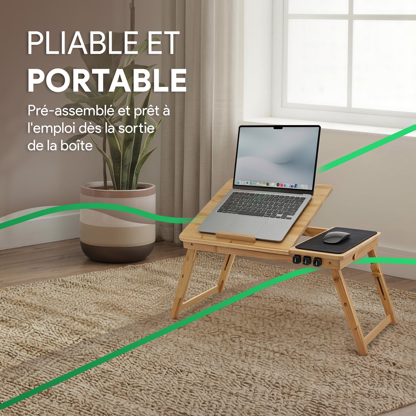 Table de lit pour PC en bambou - Ajustable et aérée