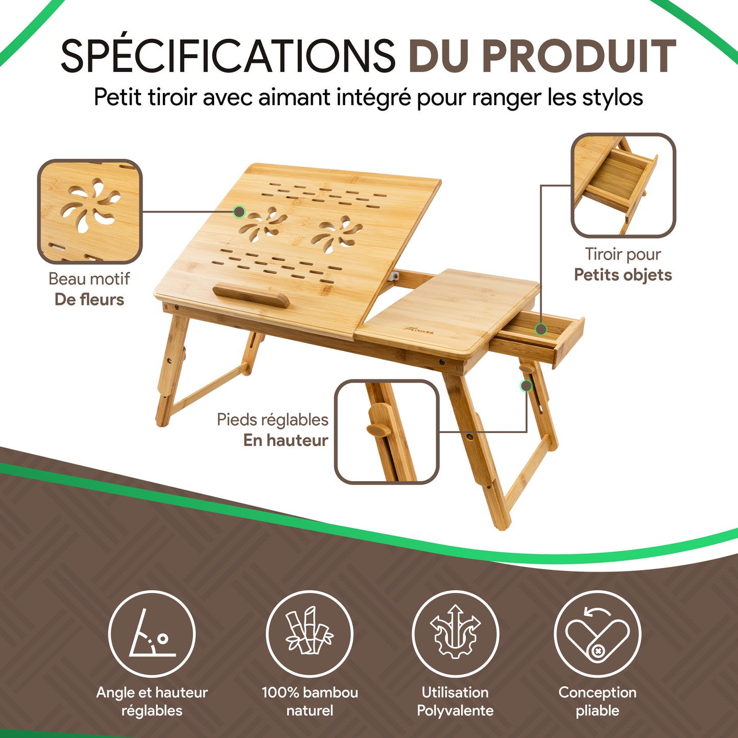 Table de lit pour PC en bambou - Ajustable et aérée