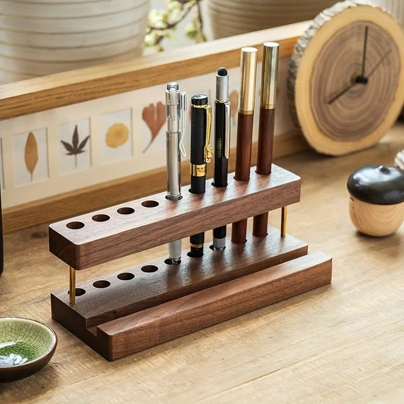 1PC Walnut Wood Multifunction Desk Organizer - Pen Holder, Phone Stand & Storage Solution for Office and School Movadek