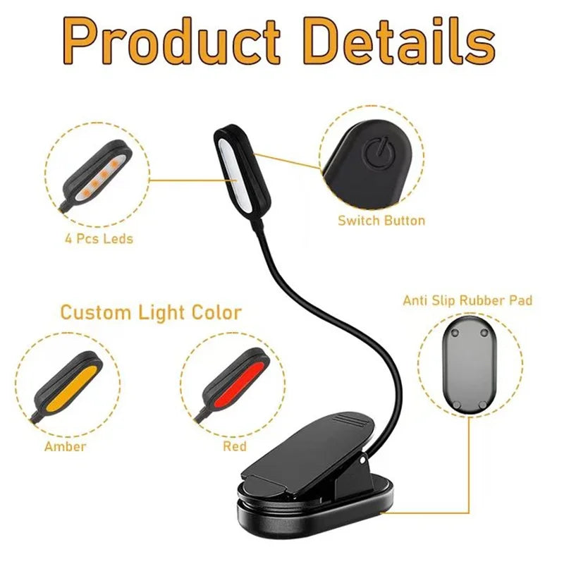 Amber Clip-On Book Light – USB Type-C Rechargeable, Blue Light Block