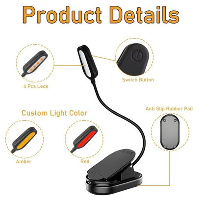Amber Clip-On Book Light – USB Type-C Rechargeable, Blue Light Block