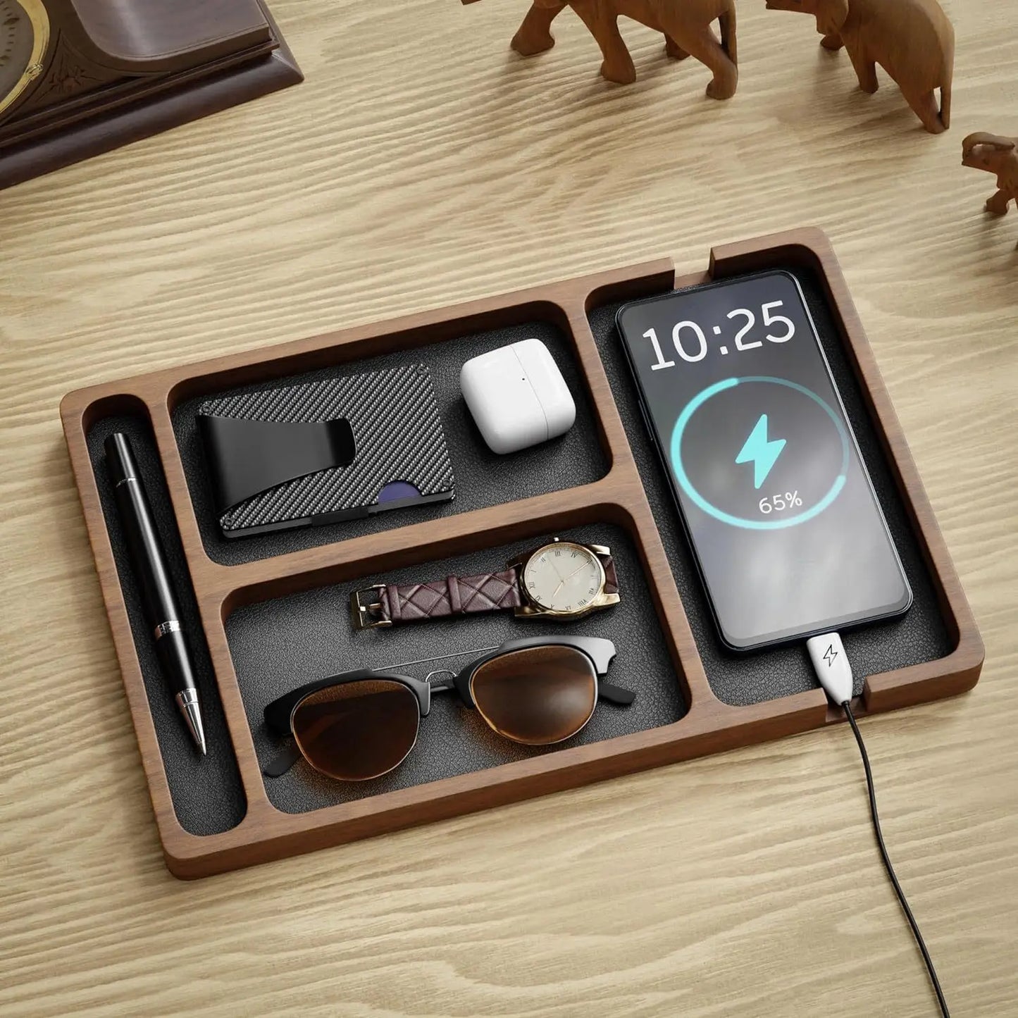 Plateau organiseur de bureau en bois — Rangement multifonction compartimenté