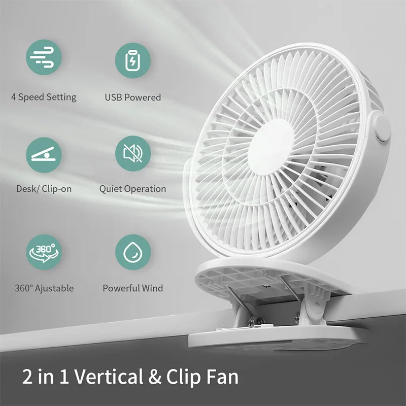 Rechargeable 360° USB Desk Fan – Clip-On & Stand Fan Combo