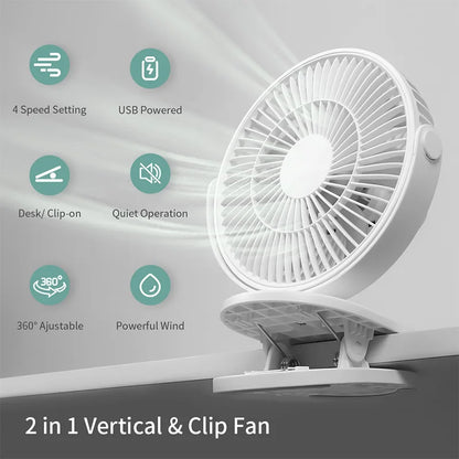 Rechargeable 360° USB Desk Fan – Clip-On & Stand Fan Combo