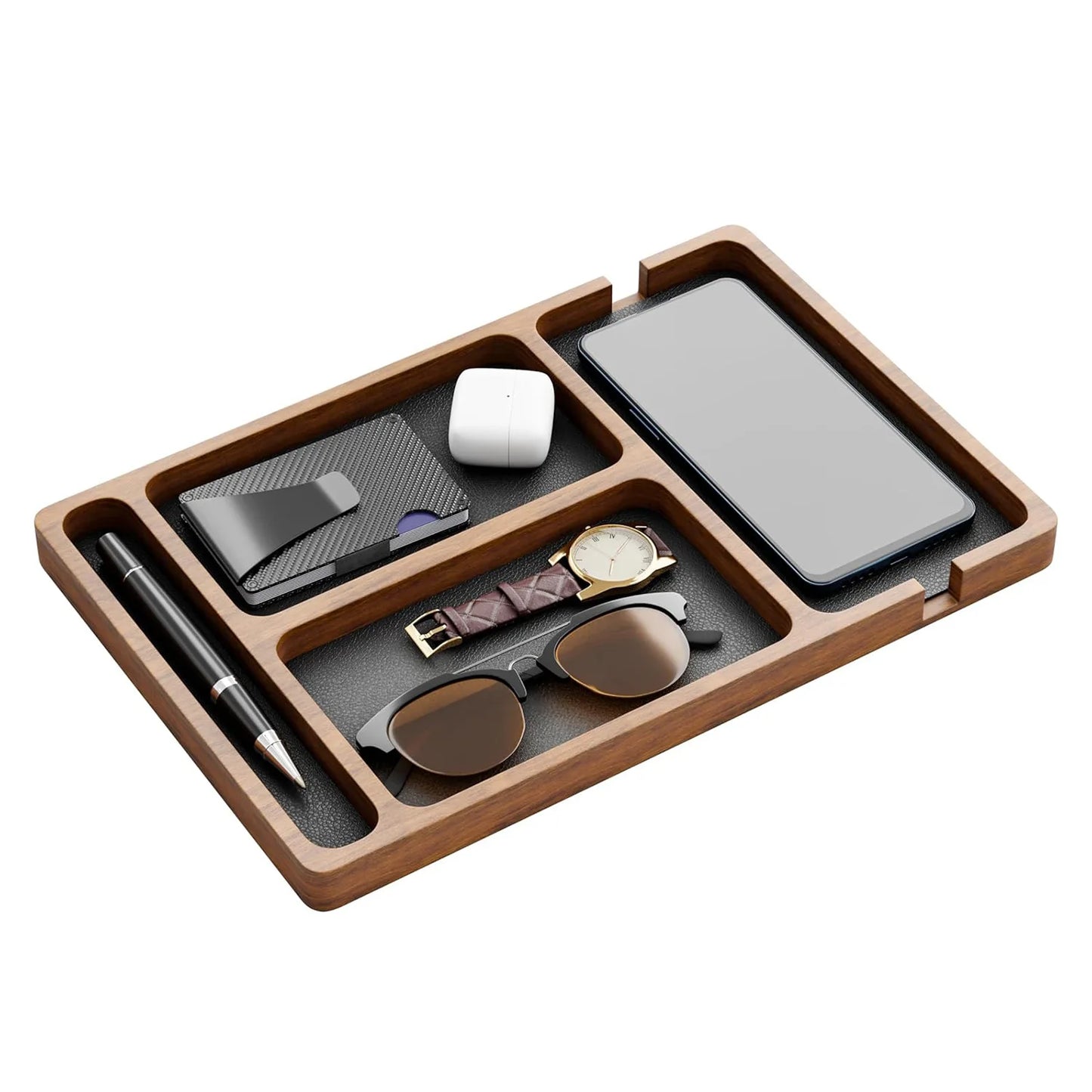 Plateau organiseur de bureau en bois — Rangement multifonction compartimenté