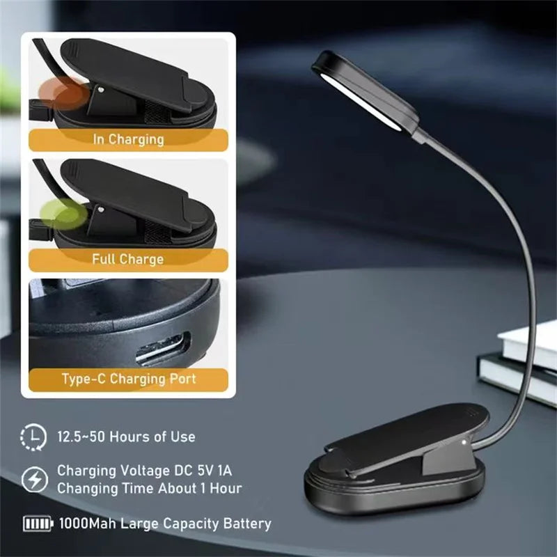 Amber Clip-On Book Light – USB Type-C Rechargeable, Blue Light Block