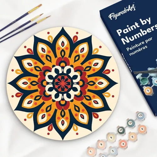 Peinture par Numéros sur Disque Bois — Mandala Ensoleillé Ø30 cm