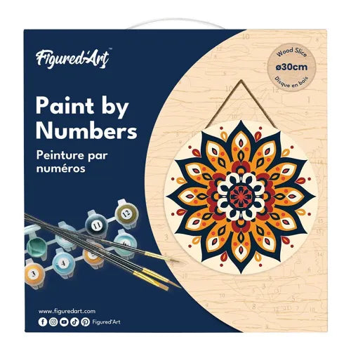 Peinture par Numéros sur Disque Bois — Mandala Ensoleillé Ø30 cm